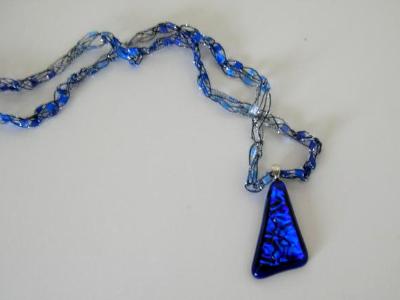 Blue Dichroic Glass Pendant with Crocheted Chain