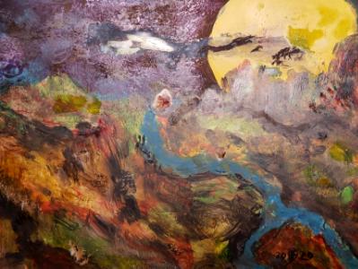 At, in high mountain meadows, frogs sing to the moon. © 2020 By Duane Kirby Jensen, 5 x 7 ink wipe on yupo medium At, in high mountain meadows, frogs sing to the moon. © 2020 By Duane Kirby Jensen, 5 x 7 ink wipe on yupo medium