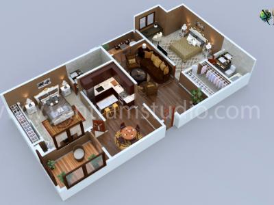 Modern Residential 3d floor plan design with 2 bedrooms, Houston - Texas