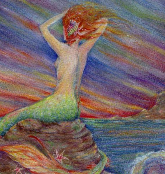 Mermaid Siren Song art print from a mermaid and sunset original painting