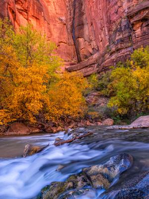 Red Cliffs Autumn Leaves and Blue Virgin River Waterfall Red Cliffs Autumn Leaves and Blue Virgin River Waterfall
