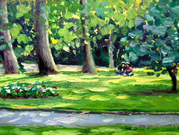 The Picnic 2, Swindon Old Town Gardens, 7x5 ins, oils.