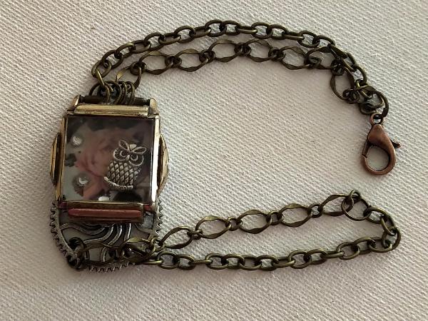 Owl and Rose Repurposed Vintage Watch Locket Bracelet
