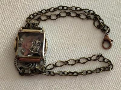 Owl and Rose Repurposed Vintage Watch Locket Bracelet