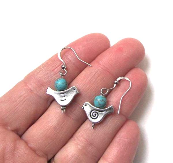 Blue bird dove earrings with turquoise and silver bird charms