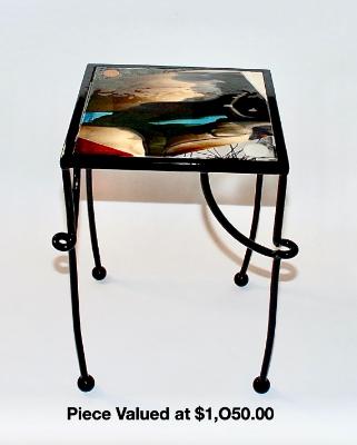 STEEL AND GLASS ABSTRACT COLOR SIDE TABLE
