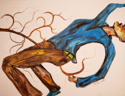 His screams drown out the wind, as he is shaken by the angry roots of a tree that has experienced too much pain. His screams drown out the wind, as he is shaken by the angry roots of a tree that has experienced too much pain.