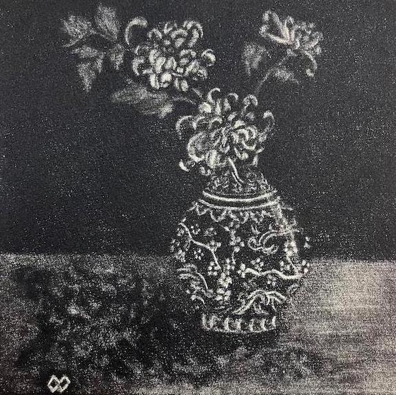 Fuji Mums in Chinese Vase Mezzotint (J-1)
