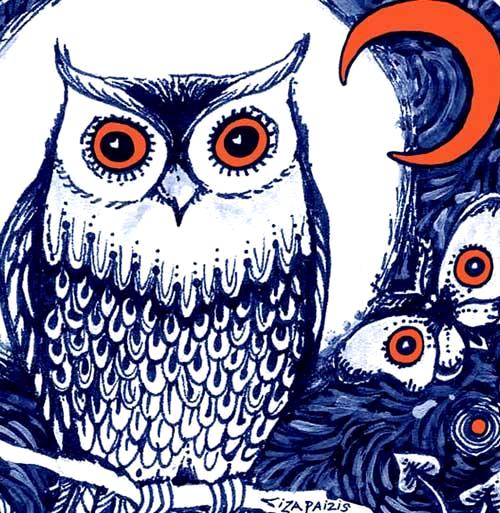 Night Owl art print from the original owl drawing by Liza Paizis