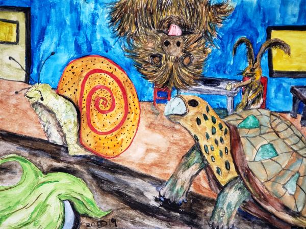 The drunken rabbit watched a snail, a sloth, and a turtle skip into the bar. Smirking to himself, he waited for the ...