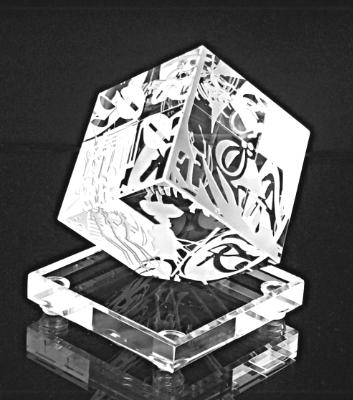 ETCHED CRYSTAL CUBE AND CRYSTAL BASE