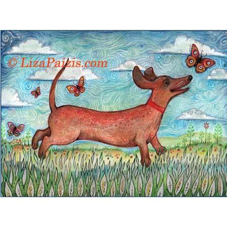 Dachshund with butterflies folk art naive dog print from an original painting
