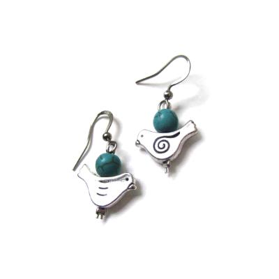 Blue bird dove earrings with turquoise and silver bird charms