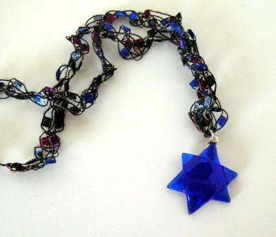 Blue Glass Star of David with Crocheted Chain Blue Glass Star of David with Crocheted Chain