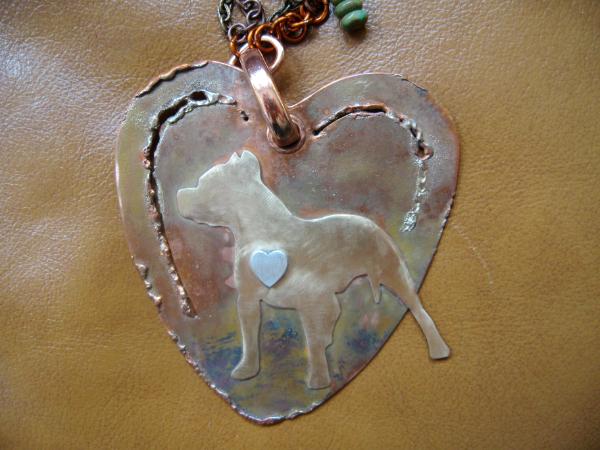 14-052 Bronze Pit Bull on Copper Heart, with Sterling Heart