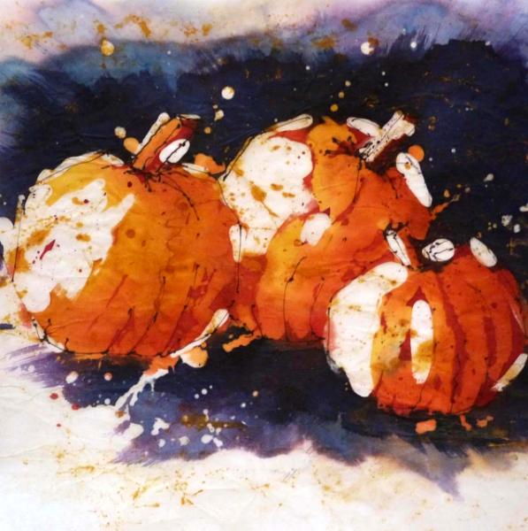 Pumpkins 8" x 8" Watercolor Batik on Rice Paper 