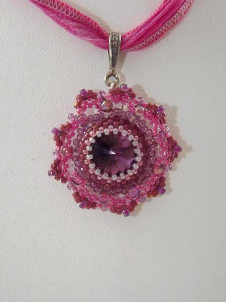 N-81 Rose Swarovski Crystal Rivoli Necklace with Rose Silk Ribbon