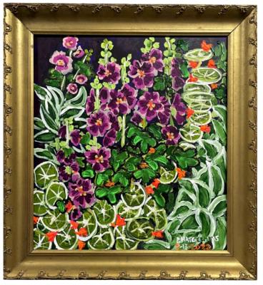 HOLLYHOCK, NASTURTIUM, AND VARIEGATED HOSTA