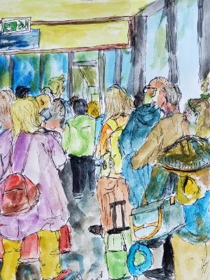 The herd heads home. Lisbon Airport, Lisbon, Portugal. © 2023 By Duane Kirby Jensen 6.5 x 10 Watercolor and pen on watercolor pa The herd heads home. Lisbon Airport, Lisbon, Portugal. © 2023 By Duane Kirby Jensen 6.5 x 10 Watercolor and pen on watercolor pa