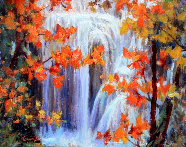 Maples in front of Waterfalls