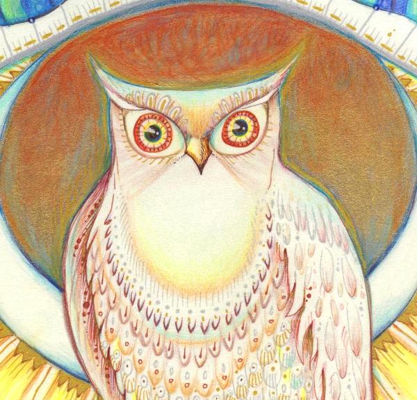 Moon Owl original Folk Art drawing by Liza Paizis