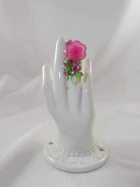 R-4 Pink Beaded Ring w/Bright Pink Flower