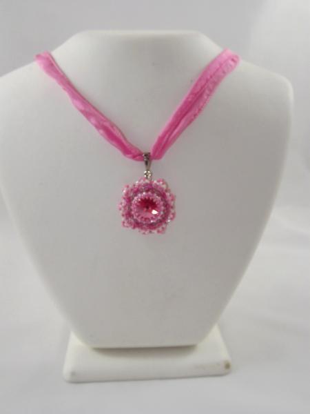 N-82 Pink Swarovski Crystal Rivoli on Pink Silk Ribbon