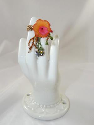 R-6 Copper Beaded Ring w/Orange & Pink Flower