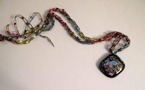 Rainbow Dichroic Glass Pendant with Crocheted Chain