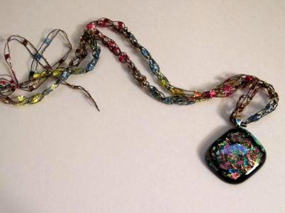 Rainbow Dichroic Glass Pendant with Crocheted Chain