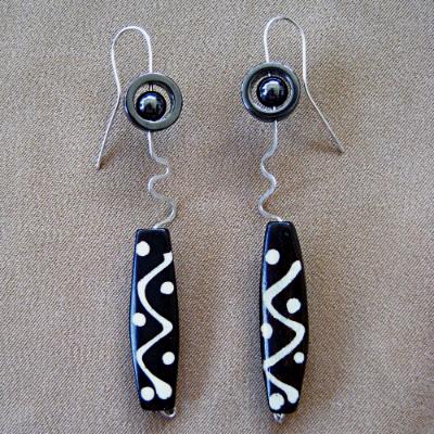 Lengthy Mod Squiggle Earrings in Brown and Silver