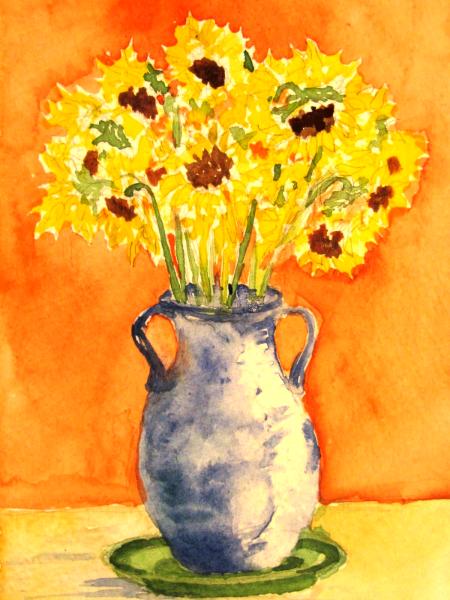 blue vase with sunflowers