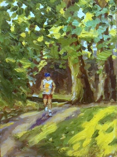 Jogging, Swindon Old Town Gardens, 7x5 ins, Oils.