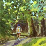 Jogging, Swindon Old Town Gardens, 7x5 ins, Oils.