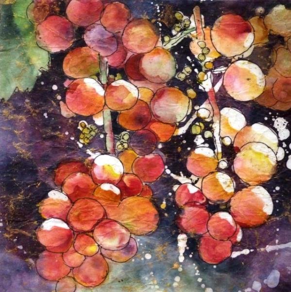 Grapes on the Arbor 8 " x 8" Watercolor Batik on Rice Paper ~ Sold