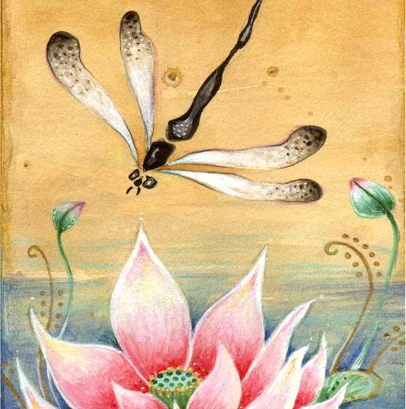 Dragonfly and Lotus Zen art print on rice paper 