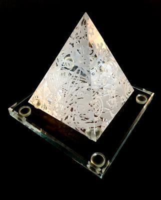 ETCHED CRYSTAL PYRAMID WITH CRYSTAL BASE