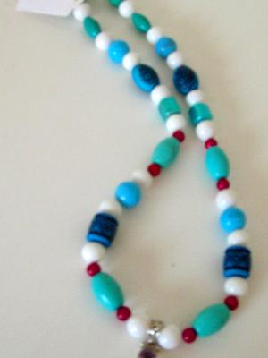 Turquoise and White Jade Necklace with Multicolored Turquoise Pendant