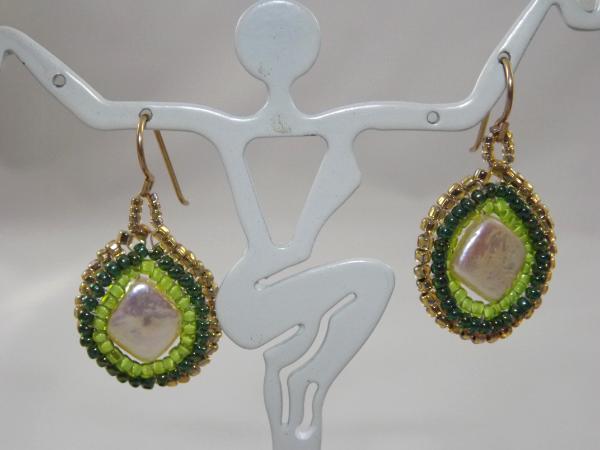 E-32 Square Pearl & Green Bead Earrings