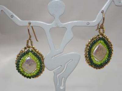 E-32 Square Pearl & Green Bead Earrings