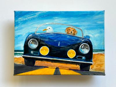 GOLDEN RETRIEVER AND HIS GULLFRIEND FLY TO THE BEACH GOLDEN RETRIEVER AND HIS GULLFRIEND FLY TO THE BEACH