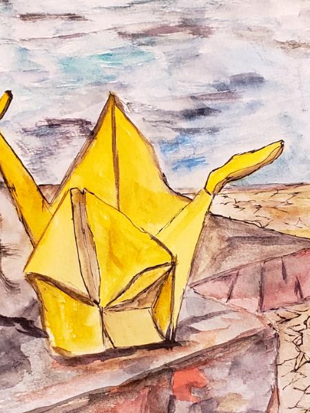 Sitting on the edge of an empty ocean, an origami swan continues to dream of flight. 