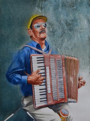Portrait of a street accordionist, 38cm x 56cm, 2019