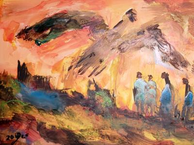The four men in blue robes have their faith rewarded when the sixty foot mallard casts its shadow over their reverent forms The four men in blue robes have their faith rewarded when the sixty foot mallard casts its shadow over their reverent forms
