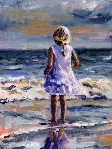 Watching the surf 2, oils, 7x5 ins