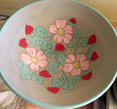 Pink Flowers and Strawberries Bowl Pink Flowers and Strawberries Bowl