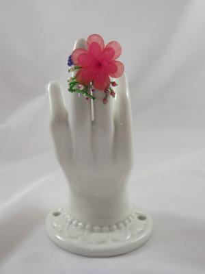 R-14 Periwinkle Beaded Ring w/Coral & Pink Flower R-14 Periwinkle Beaded Ring w/Coral & Pink Flower