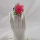 R-14 Periwinkle Beaded Ring w/Coral & Pink Flower