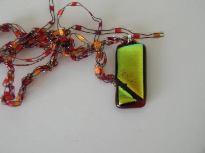 Gold Dichroic Glass on Red Glass with Crocheted Chain
