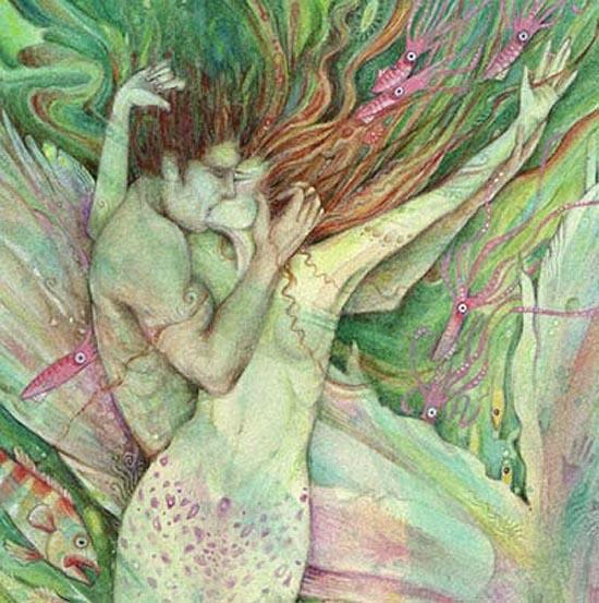 The Mermaid and the Sailor art print of two mermaid lovers original romantic mermaid art